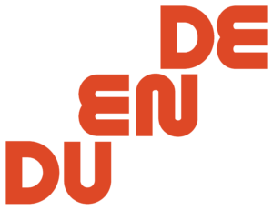 Red color logo of DUENDE, rendered as a stack of three uppercase letter-pairs: DU on the bottom, EN in the middle, and DE on top. Each subsequent letter-pair is offset from the one below, so that the wordmark resembles steps on a stair ascending from left to right